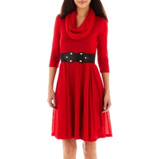 Robbie Bee Infinity Scarf Belted Sweater Dress   Petite, Red