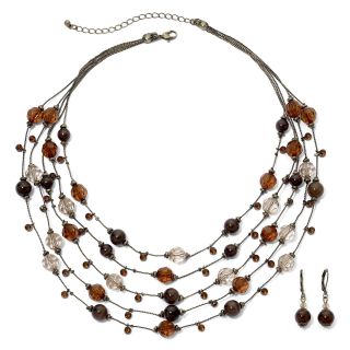 Bead & Crystal Necklace & Earrings Set, Brown, Womens