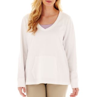 LIZ CLAIBORNE Long Sleeve V Neck Sweatshirt   Plus, White, Womens
