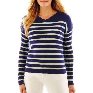 LIZ CLAIBORNE Long Sleeve V Neck Striped Sweater, Purple, Womens