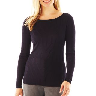 LIZ CLAIBORNE Long Sleeve Ribbed Sweater, Navy, Womens