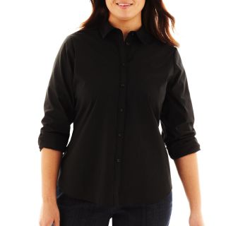 LIZ CLAIBORNE Long Sleeve Button Front Shirt   Plus, Black