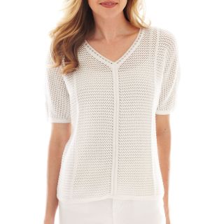 LIZ CLAIBORNE Short Sleeve Open Stitched Sweater   Tall, White, Womens