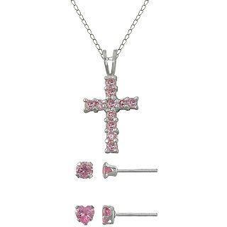 Pink Cubic Zirconia Cross & 2 Earrings Set Sterling Silver, Girls