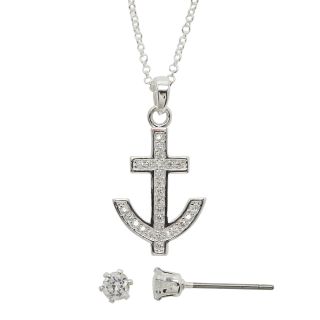 Bridge Jewelry Pure Silver Plated Cubic Zirconia Anchor Pendant & Earrings Set