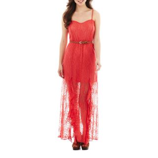 Heart N Soul Heart & Soul Belted Lace Maxi Dress, Coral