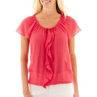 St. Johns Bay St. John s Bay Short Sleeve Ruffle Front Peasant Top, Teaberry