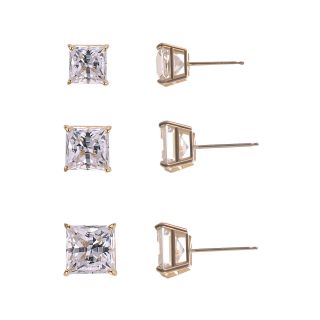 3 Pr. Princess Cut Cubic Zirconia Gold over Silver Stud Earring Set, Womens