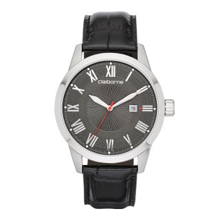 CLAIBORNE Mens Silver Tone Black Leather Strap Watch