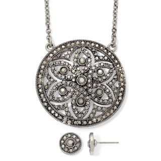 LIZ CLAIBORNE Marcasite Medallion Necklace & Button Earrings Boxed Set, Gray