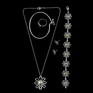 Elegant Silver Plated Gold Chrysanthemum Womens Jewelery Set Including Necklace,Bracelet,Ring,Bangle