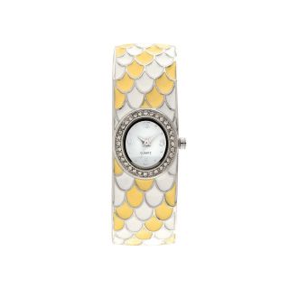 Womens Feather Patterned Closed Bangle Bracelet Watch, Yellow