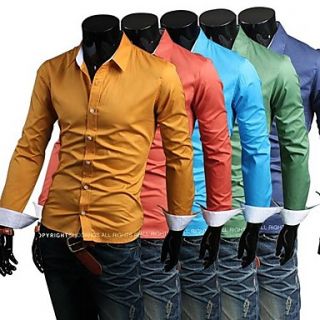 Mens Fashion Candy Color Solid Color Slim Casual Long Sleeved Shirts