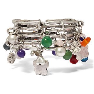 Aris by Treska Silver Tone Multicolor Bead Hinged Cuff Bracelet