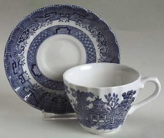Royal Wessex Blue Willow (Swirl Rim,England) Flat Cup & Saucer Set, Fine China D