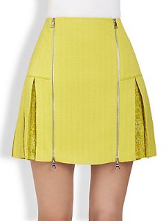 Rebecca Taylor Zip Front Lace Paneled Textured Skirt   Chartreuse