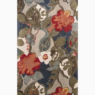 Hand made Floral Pattern Blue/ Red Wool/ Art Silk Rug (2x3)