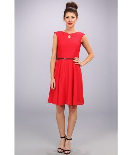 London Times Cap Sleeve Keyhole Tie Fit Flare Dress Womens Dress (Red)