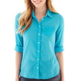 Roll Sleeve Relaxed Fit Button Front Shirt, Blue