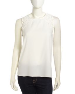 Floral Crochet Inset Charmeuse Blouse, Ivory