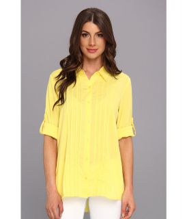 Calvin Klein Pintuck Roll Sleeve Polyester Top Womens Blouse (Yellow)