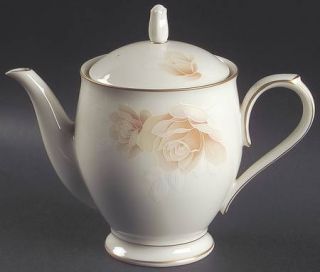Noritake Devotion Teapot & Lid, Fine China Dinnerware   Taupe Roses, White  Leav