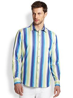 Robert Graham Como Striped Cotton Sportshirt   Blue