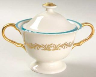 Pickard Baroque Sugar Bowl & Lid, Fine China Dinnerware   Gold Scrolls, Aqua  Tr