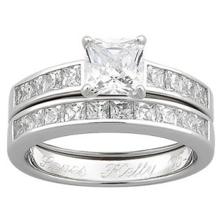 Sterling Silver Cubic Zirconia 2 piece Square Engraved Wedding Ring Set   10