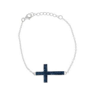 Sterling Silver Blue Crystal Sideways Cross Pendant, Womens