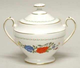 John Aynsley Famille Rose Sugar Bowl & Lid, Fine China Dinnerware   Orange,Blue&