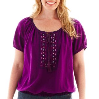 St. Johns Bay Short Sleeve Embroidered Peasant Top   Plus, Purple