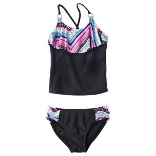 Girls 2 Piece Ruffled Tankini Swimsuit Set   Black S
