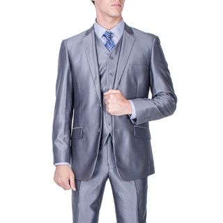 Mens Slim Fit Shiny Grey 2 button Vested Suit