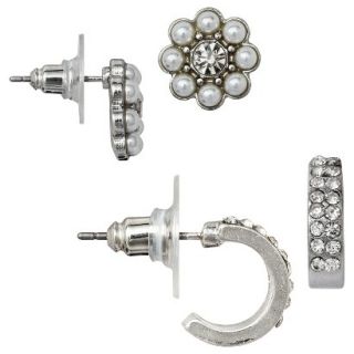 Womens Simulated Pearl and Rhinestone Studs and Mini Hoop Earrings Set of 2  