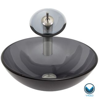 Vigo Sheer Black Glass Vessel Sink And Waterfall Faucet Set In Brushed Nickel