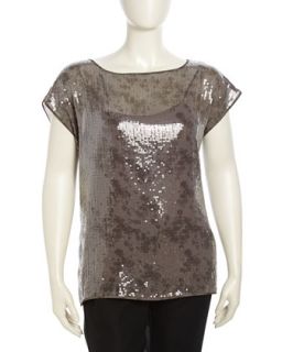 Clear Sequined Short Sleeve Top, Rye, Womens