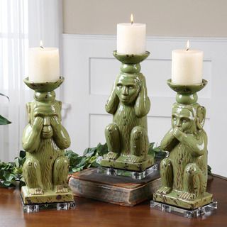 Toma Antiqued Green Monkey Candleholders, S/3