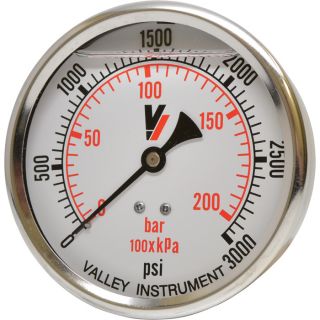 Valley Instrument Grade A 4 Inch Back Mount Glycerin Filled Gauge   0 3000 PSI