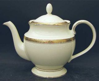 Noritake Ardmore Gold Teapot & Lid, Fine China Dinnerware   White Scrolls,Gold I