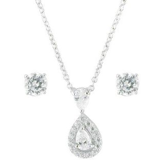 Sterling Silver Cubic Zirconia Pear Drop Necklace And Stud Earrings  