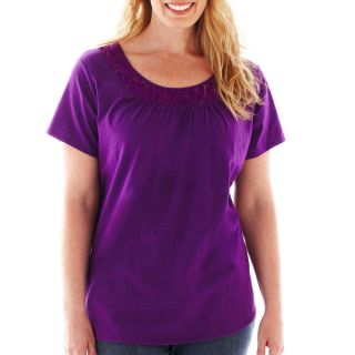 St. Johns Bay Short Sleeve Lace Inset Tee   Plus, Purple, Womens