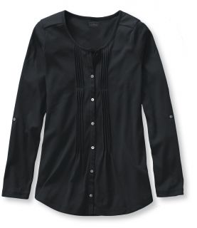 Pima Button Front Pin Tucked Top, Long Sleeve