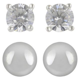 Womens Sterling Silver Stud Earrings Set of 2 Ball and Cubic Zirconia Stone  