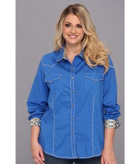 Roper Plus Size 9055C2 Solid Poplin   Blue Womens Long Sleeve Button Up (Blue)