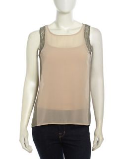 Colorblock Lace Inset Chiffon Top, Thyme/Beige