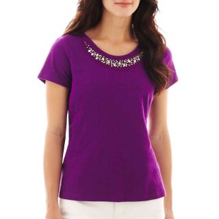 St. Johns Bay Short Sleeve Embellished Tee, Purple, Womens
