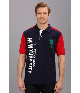 U.S. Polo Assn Two Toned Pique Polo with Big Pony Logo Mens Short Sleeve Knit (Navy)