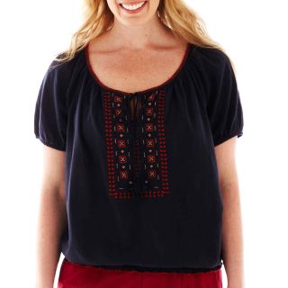 St. Johns Bay Short Sleeve Embroidered Peasant Top   Plus, Williamsburg Navy