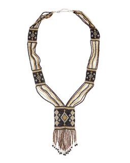 Diamond Pattern Beaded Fringe Necklace, Black/Gold